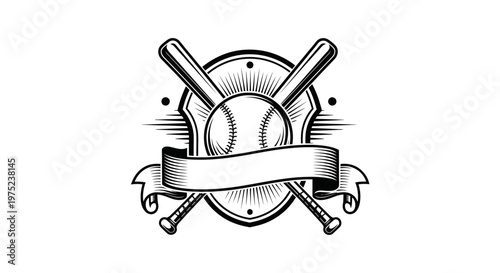 Vintage Baseball Emblem with Crossed Bats, Ball, and Ribbon