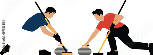 Minimalist vector illustration of two men playing curling together on ice with brooms in action