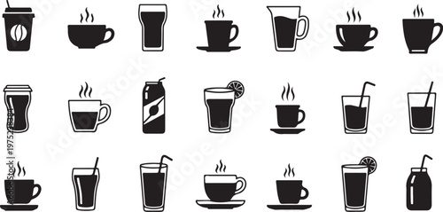 Variety of coffee and drink icons in black and white