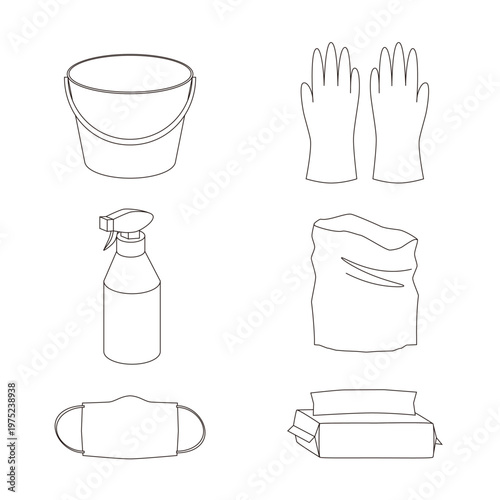 hygiene icon set line bucket gloves mask disinfectant spray paper towel plastic bag cleaning vector