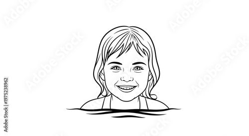 Line Art Illustration of a Smiling Young Girl Swimming in Water