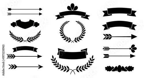 Set of Decorative Design Elements Ribbons Laurels and Arrows