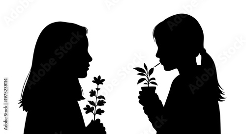 Silhouette of two girls holding plants on white background