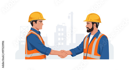 Construction Workers Shaking Hands at Building Site Illustration