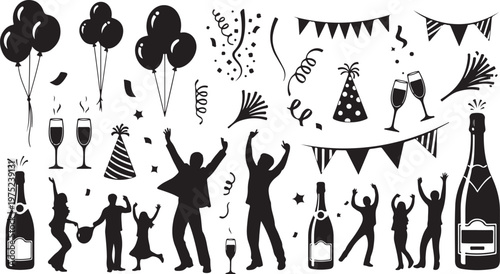 New Year's Eve Celebration Silhouette Vector Graphics Set Illustration