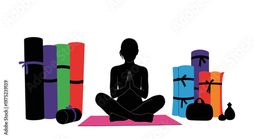 Silhouette of Woman Practicing Yoga Surrounded by Colorful Mats