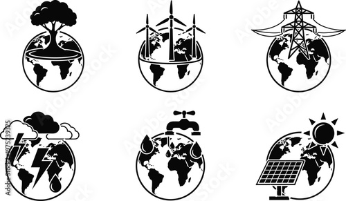 Global energy and environment icons set, renewable power, solar, wind, electricity, water conservation, sustainability, eco technology vector illustration design