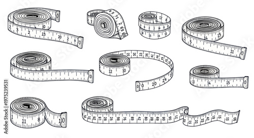 Set of Hand-Drawn Measuring Tapes, Tailor Tape Measure Collection