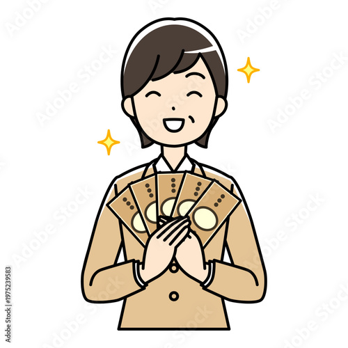 笑顔でお金をもつスーツの中年女性のイラスト