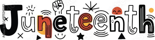 Juneteenth celebration with doodle art and freedom symbols.