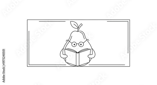 Cute Pear Character Reading a Book, Educational, Smart, Fun, Vector Illustration