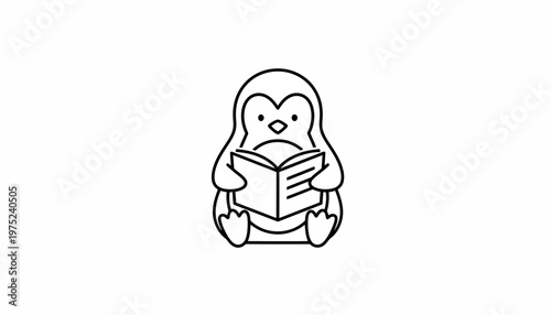 Cute Penguin Reading a Book, Vector Illustration, Black and White Outline
