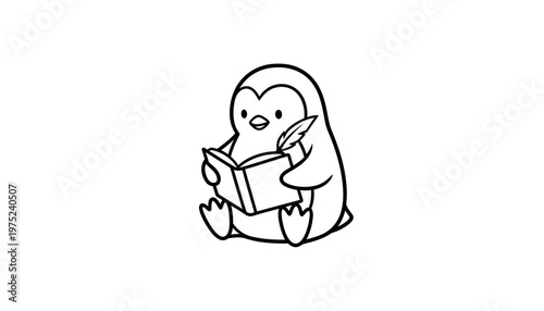 Cute Penguin Reading Book with Feather Pen, Black and White Line Art Illustration