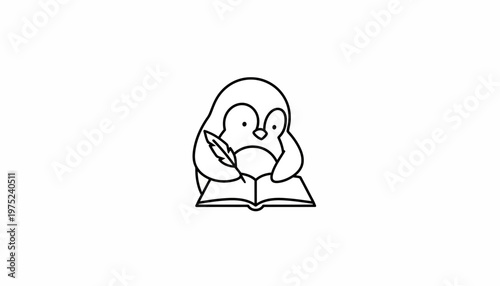 Cute Penguin Writing with Feather Pen in Open Book, Cartoon Style