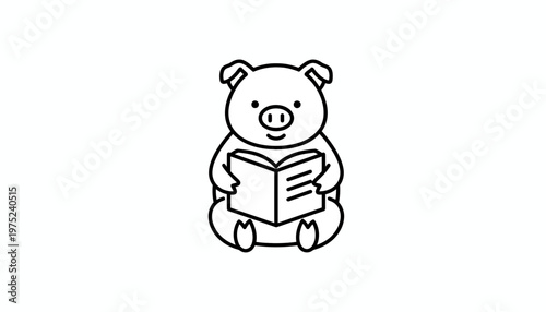 Cute Pig Reading Book, Adorable Cartoon Illustration, Education Concept
