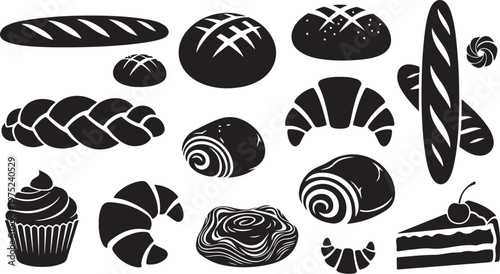 Variety of baked goods and desserts in black silhouettes