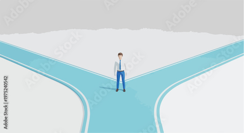 Man standing at a crossroads with two paths to choose from.