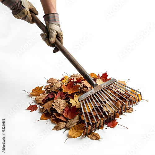 Person raking autumn leaves with a garden rake on white background.