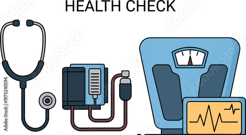 Health check medical vector illustration with stethoscope blood pressure monitor weighing scale and heartbeat diagnostic equipment