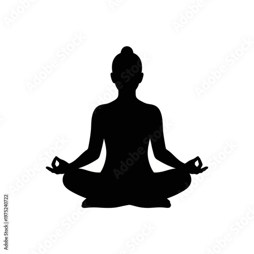 Simple black silhouette of a woman meditating in a lotus yoga pose, embodying peace, mindfulness, and spiritual wellness for health and relaxation