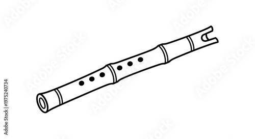 Bamboo Shakuhachi Flute, Traditional Japanese Musical Instrument, Isolated on White Background, Line Art Drawing