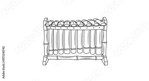 Bamboo xylophone illustration, traditional musical instrument, outline drawing