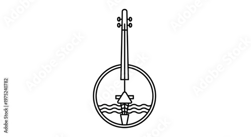 Banjo silhouette with abstract water and triangle element, minimalist music icon