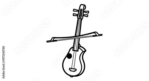 Black and White Line Art Illustration of a Violin and Bow