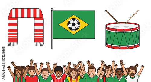 Brazil Football Fan Celebration - Scarf, Flag, Drum, Crowd