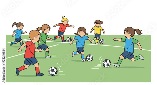Children playing soccer game on a green field, sports activity for kids, teamwork and fun