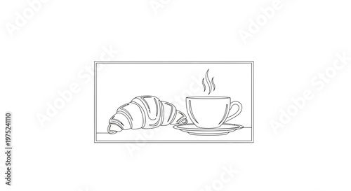 Simple Line Drawing of a Croissant and Hot Coffee Cup with Steam