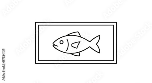 Simple line drawing of a fish in a rectangular frame, minimalist graphic art