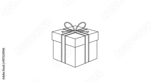 Simple Line Drawing of a Gift Box with Ribbon and Bow, Isolated on White Background
