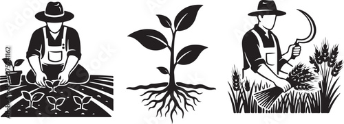 Farmers planting and harvesting crops in a field setting