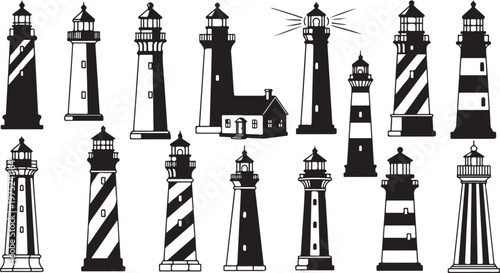 Collection of various lighthouses in black and white illustration