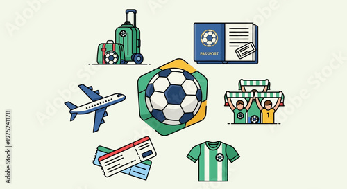 Football Fan Travel Icons: Soccer, Luggage, Passport, Tickets, Airplane, Jersey, Fans