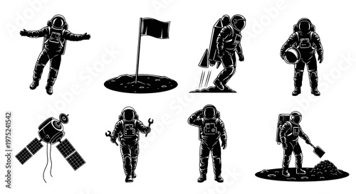 Space Exploration Astronauts  Elements Monochrome Vector Illustrations Set