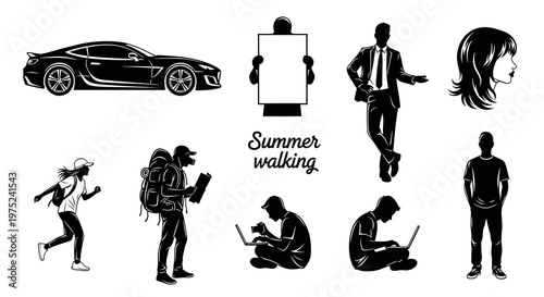 Black and White Vector Silhouettes: Diverse Lifestyle, Business  Travel Icon Set