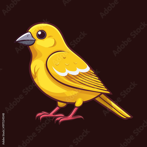 Bright yellow canary in profile with detailed feathers for pet shop logos and domestic bird care guides and friendly animal graphic design and art