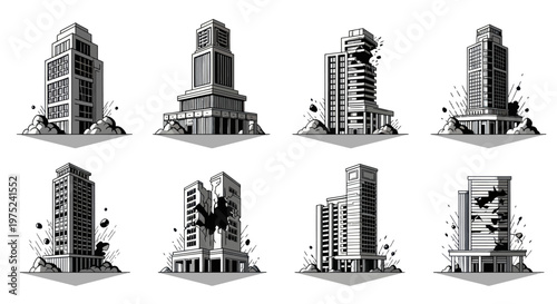 Demolition Buildings Black and White Line Art Vector Set for Urban Disaster and Construction