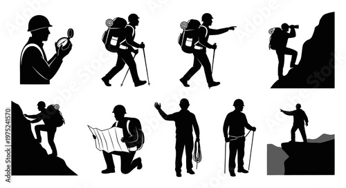 Hiking  Mountaineering Silhouettes: Outdoor Adventure Explorers with Gear Vector Icon Set