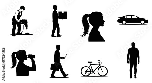 Diverse Lifestyle Black  White Silhouette Icons: Occupations, Transport  People