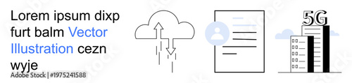 Cloud computing, 5G networks, digital communication, wireless technology, data sharing, internet connectivity. ion of a cloud, document person icon and 5G tower. Cloud computing and 5G networks