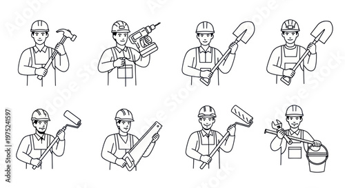 Outline Line Art Construction Workers and Tradespeople with Tools Set