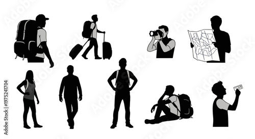 Black and White Silhouette Vector Set of Travelers, Tourists, Luggage, Map, Camera for Travel Industry