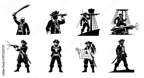 Pirate Characters Black and White Silhouette Vector Illustrations Set