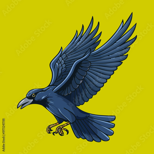 Flying black crow with spread wings for mysterious nature designs and dark wildlife illustrations and professional animal graphic design and digital art assets and art
