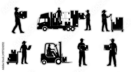 Logistics and Delivery Workers Silhouettes with Packages, Truck, Forklift, and Hand Truck Vector Icons