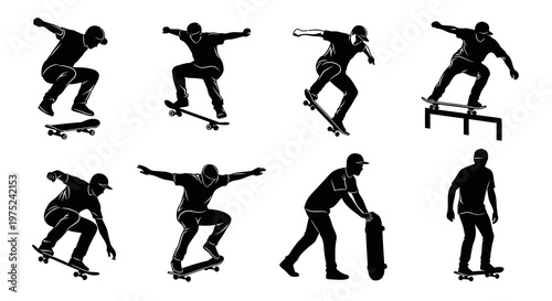Skateboarding Silhouettes Vector Set. Skaters Performing Tricks, Black  White Sport Icons.