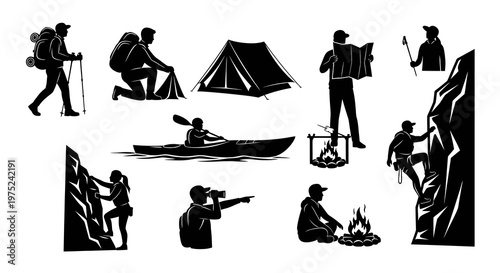 Outdoor Adventure Activities Silhouette Vector Set for Nature Exploration and Travel